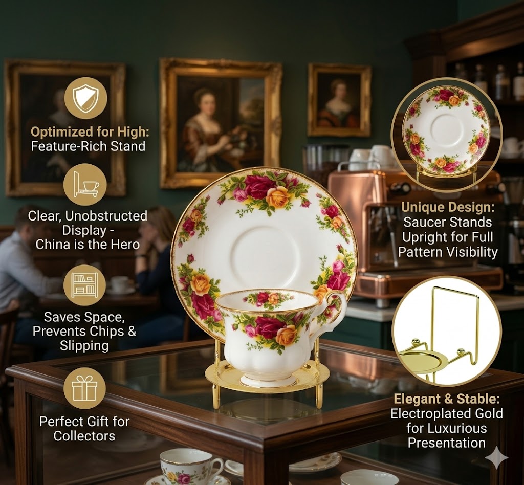 HOHIYA 6 Piece Tea Cup and Saucer Display Stands Heavy-Duty Metal Teacup and Plate Holder for China Cabinets Elegant Porcelain Showcase Rack Gold